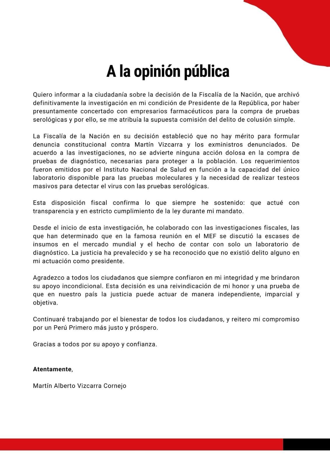 Comunicado de Martín Vizcarra luego del archivo de su investigación por caso de prueba rápidas
