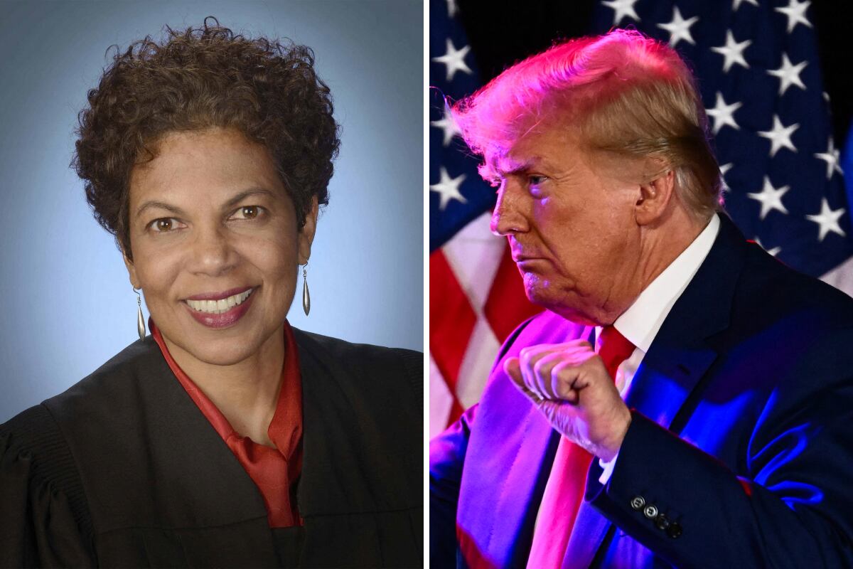 La jueza Tanya Chutkan y el expresidente estadounidense Donald Trump. (Fotos de Tribunal de distrito de los Estados Unidos para el distrito de Columbia / Patrick T. Fallon / AFP)