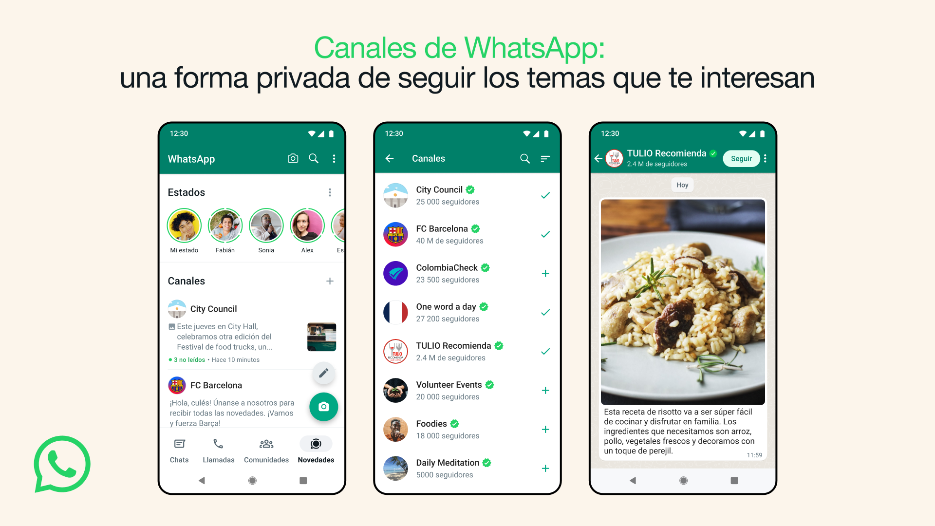 Vista de cómo se ven los canales de WhatsApp.