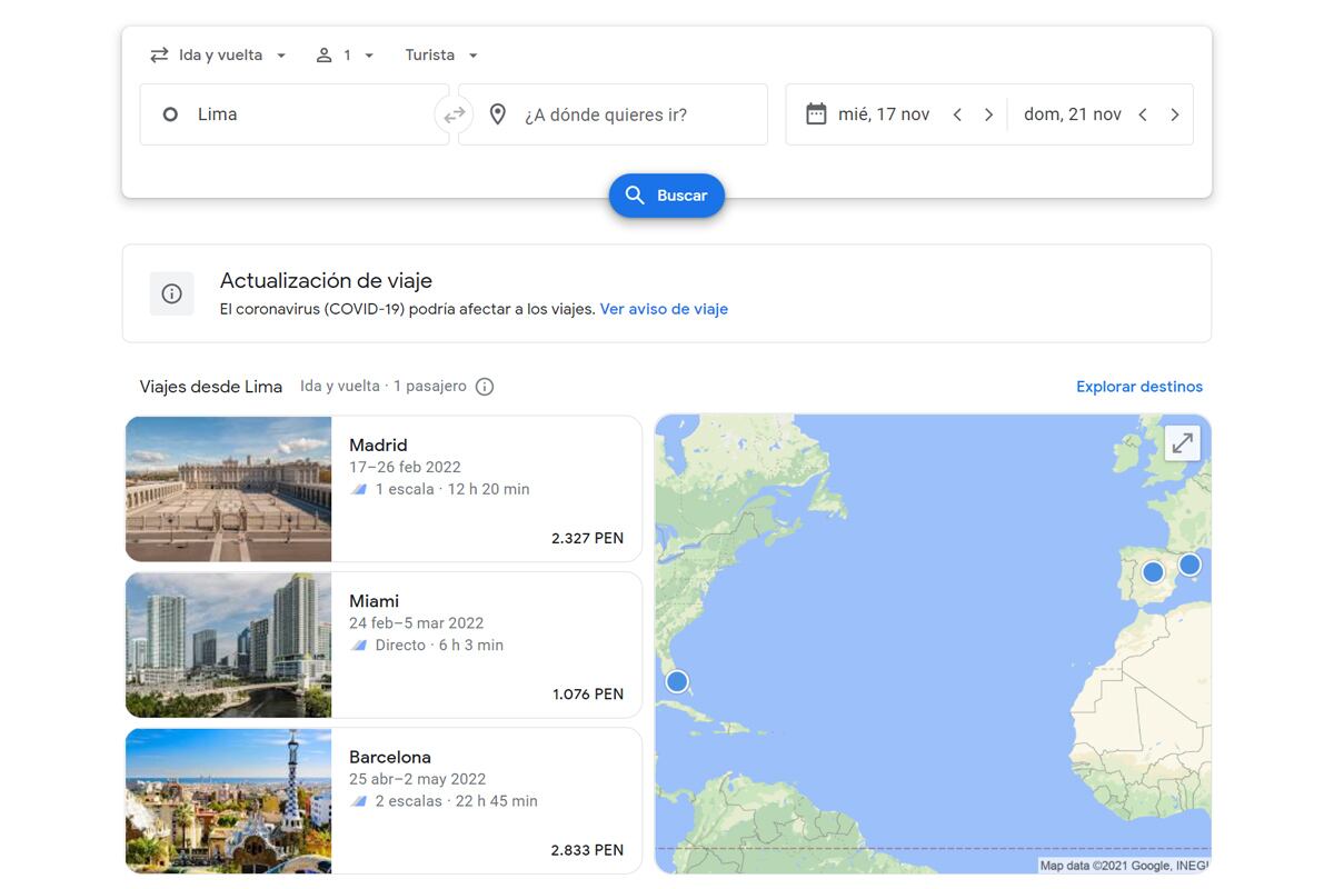 Una opción es Google Flights. Puedes acceder a ella desde el buscador y tiene infinidad de vuelos baratos. (Foto: MAG)
