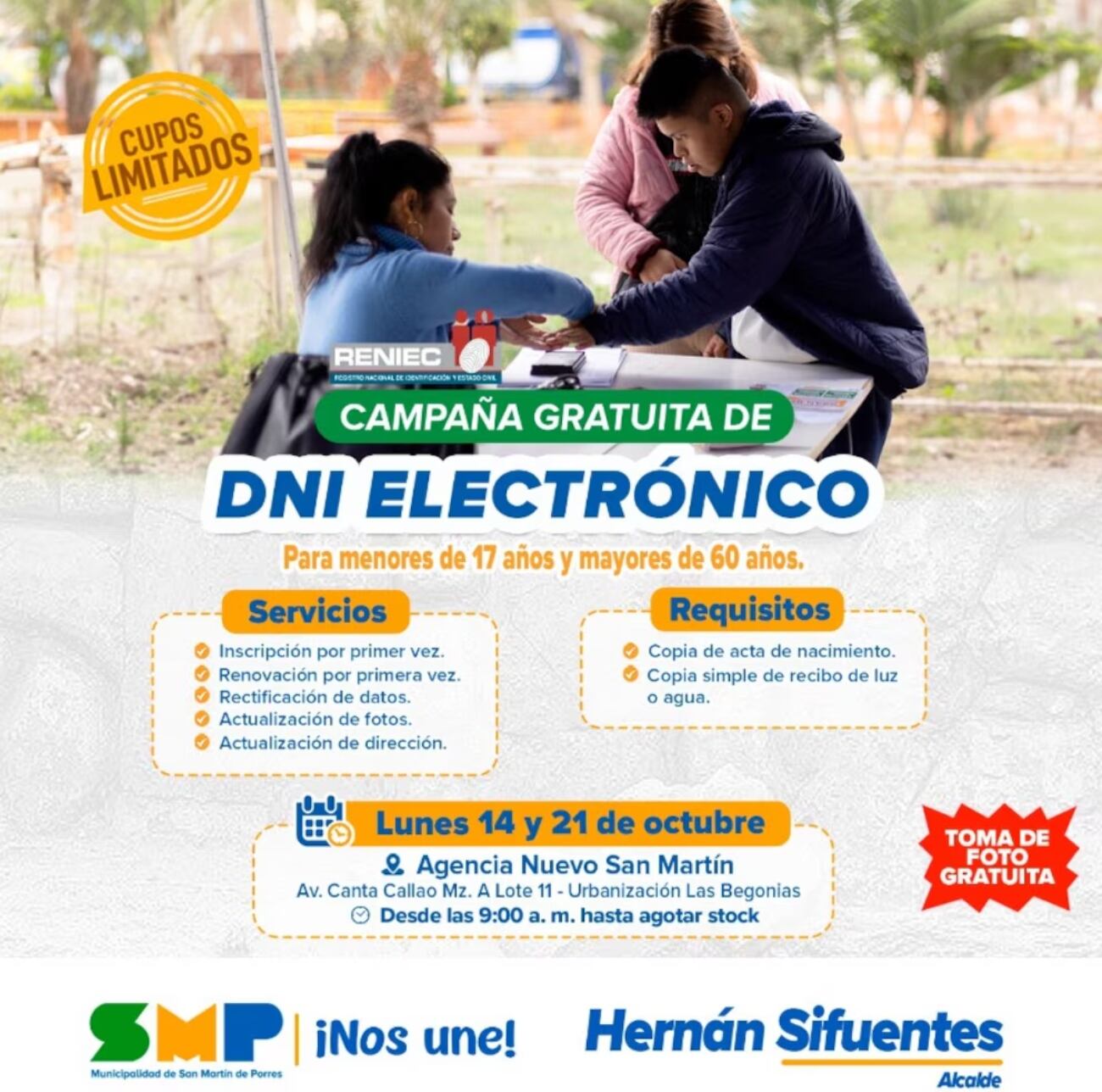 Reniec y municipalidades del país realizarán campañas gratuitas de DNI electrónico este 21 y 22 de octubre. Foto: Municipalidad de San Martín de Porres