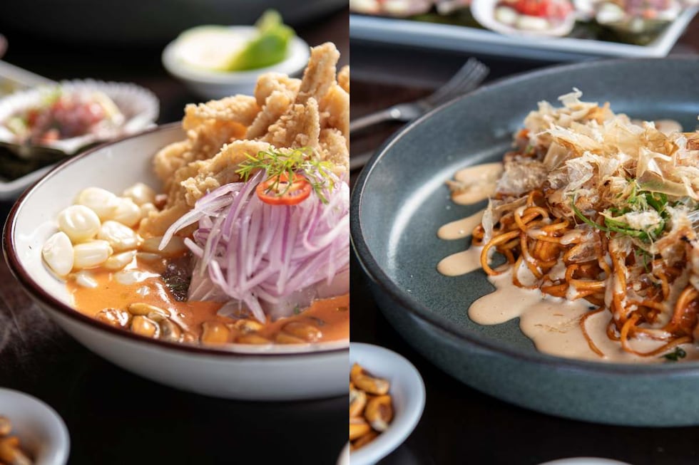 De izquierda a derecha, cebiche carretillero, con leche de tigre cremosa de rocoto ahumado y chicharrón de pota; spaghetti a lo macho, con langostinos batayaki, mayonesa de miso, katsuobushi y emulsión de miso.