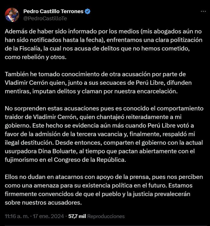 Castillo llama "traidor" a Vladimir Cerrón