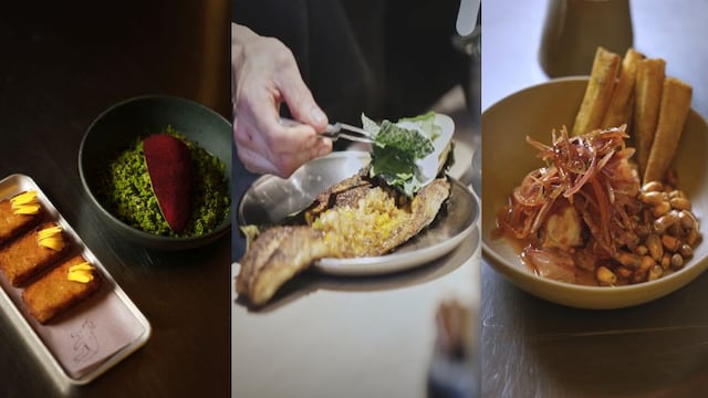 Izquierda: tartar apaltado, con pesca del día, emulsión acebichada, palta y torrejas de choclo. Al medio: ají amarillo relleno con un guiso de pescado estilo chifero. Derecha: cebiche de pesca fresca del día, pulpo, y conchas con leche de tigre de ají dulce y criolla. Este es un cebiche con sabor a “Vuelve a la vida”, cóctel de mariscos tradicional en Venezuela. Sale con yuca frita. (Fotos: Gonzalo Vera Tudela / Astro Studio)