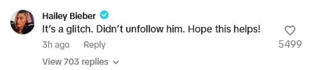 En un comentario, Hailey Bieber explicó que se trató de un "error" involuntario. (Foto: TikTok)