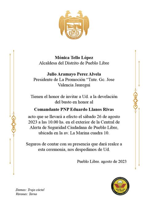 Invitación a la develación del busto en honor al comandante PNP Eduardo Llanos Rivas