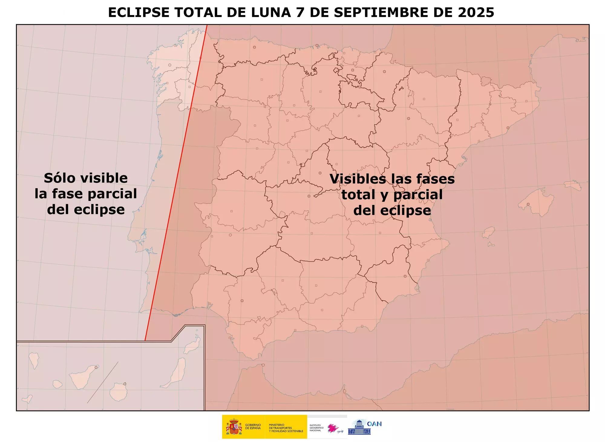 Mapa del eclipse total de Luna de Sangre. (Fuente: Instituto Geográfico Nacional / Gobierno de España)