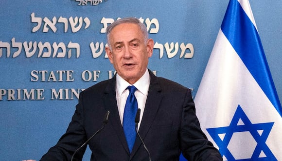 El primer ministro israelí, Benjamin Netanyahu, habla durante una conferencia de prensa en Jerusalén el 17 de marzo de 2024. (Foto de Leo Correa / POOL / AFP)