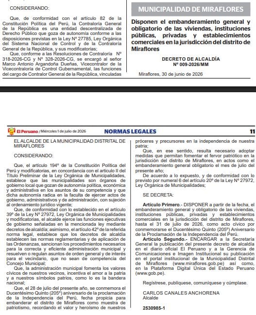 Disposición de Carlos Canales para obligar el embanderamiento por Fiestas Patrias en Miraflores.