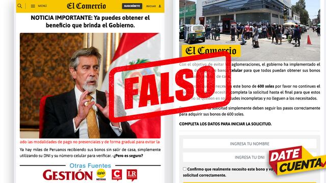 #DateCuenta: Circula en redes una nota falsa sobre la entrega del Bono 600 soles por parte de El Comercio
