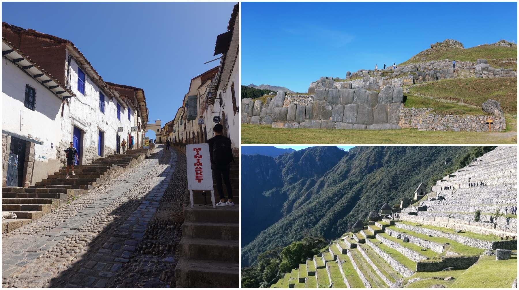 En sentido horario, algunas locaciones reales de "Transformers: el despertar de las bestias": la Bajada de Santa Ana que Optimus Prime sube en la ficción, mas no en la vida real), Sacsayhuaman (donde aterrizan los personajes) y Machu Picchu (por cuyos andenes se mueve Optimus Primal).