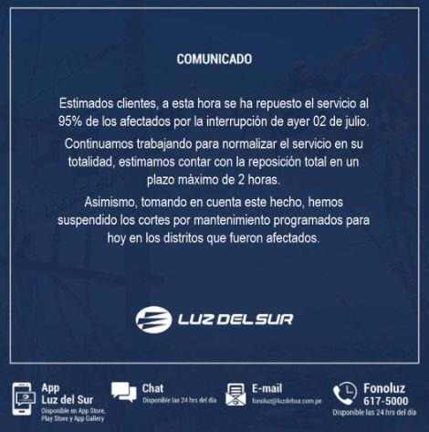 El comunicado de Luz del Sur