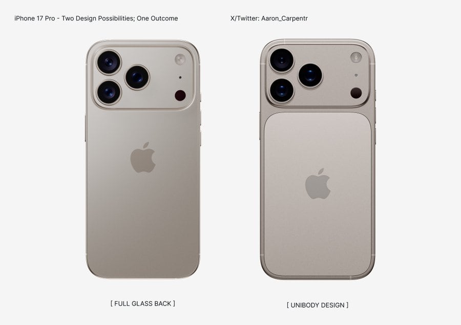 Diseños del iPhone 17 Pro y 17 Pro Max. | Crédito: X @Aaron_Carpentr