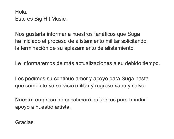 BigHit anuncia el enlistamiento al ejército de Suga | Foto: Bighitmusic