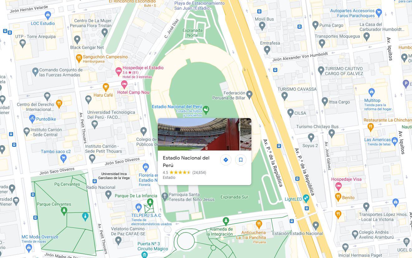 El estadio Nacional visto desde Google Maps). (Foto: Google)