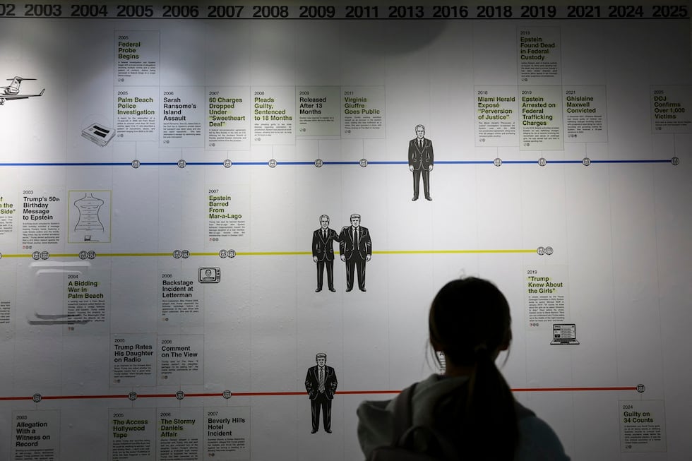 Visitantes observan una cronología de los acontecimientos en la "Sala de Lectura en Memoria de Donald J. Trump y Jeffrey Epstein", en la ciudad de Nueva York, el 11 de mayo de 2026. (ANGELA WEISS / AFP)