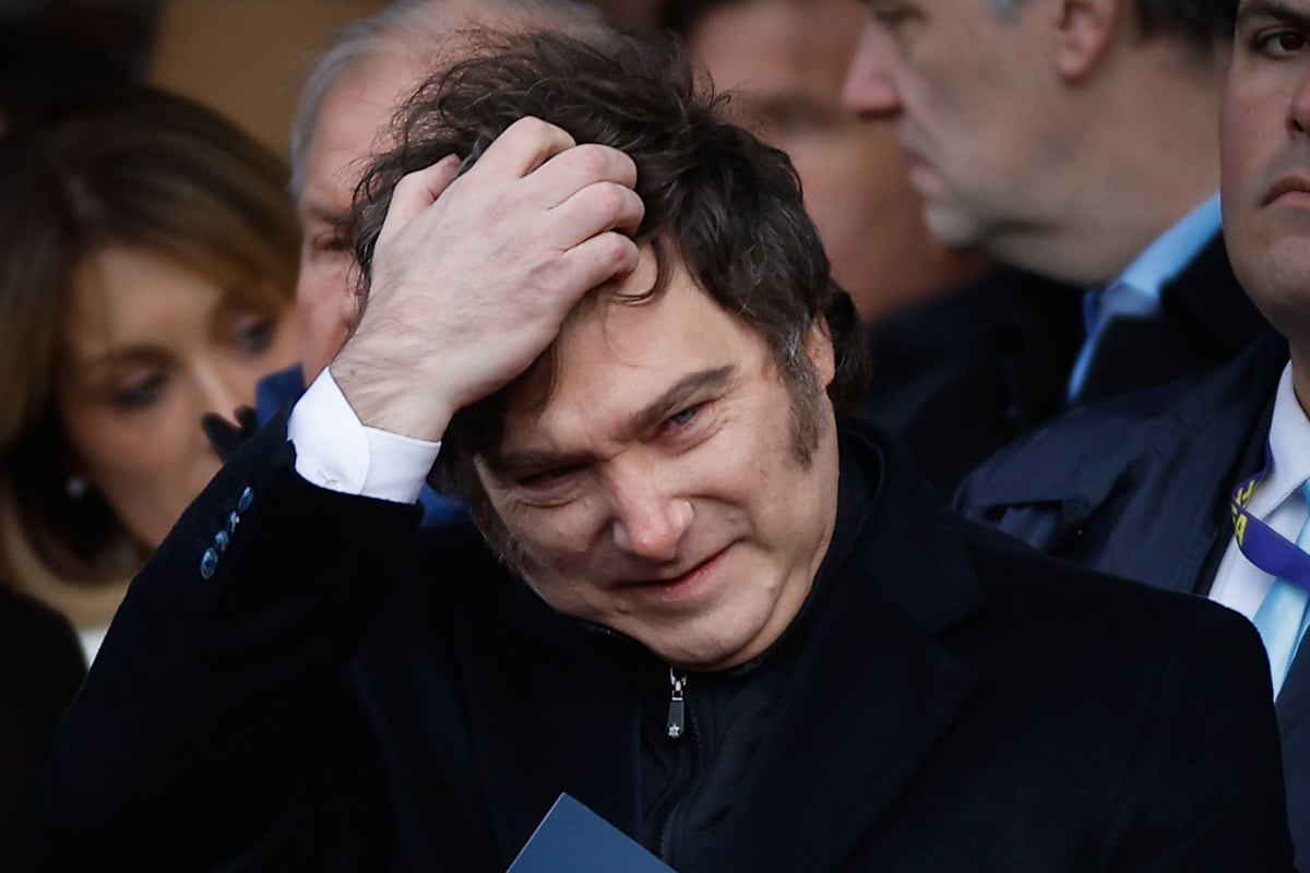 El presidente de Argentina, Javier Milei, reaccionando durante un evento en la ciudad de Buenos Aires, el 6 de julio de 2025. (Foto de Juan Ignacio Roncoroni / EFE)