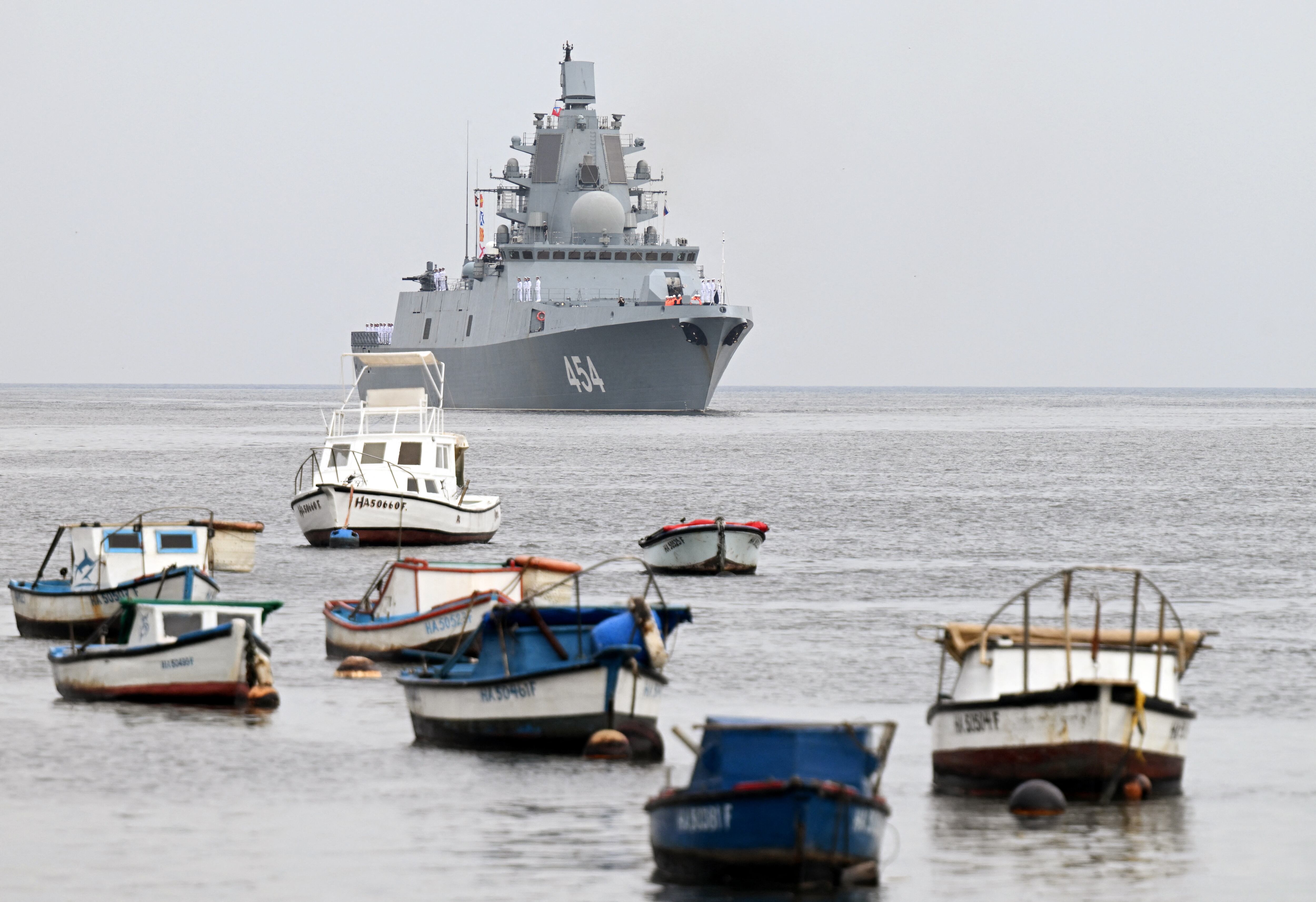 The frigate Admiral Gorshkov, part of the Russian naval detachment visiting Cuba, arrives at the port of Havana on June 12, 2024. (Photo by Yamil LAGE / AFP).