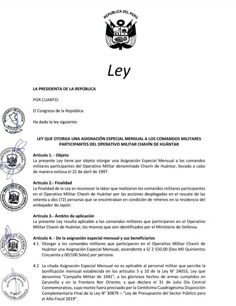 El Gobierno de Dina Boluarte plantea pagar una asignación mensual a comandos Chavín de Huántar.