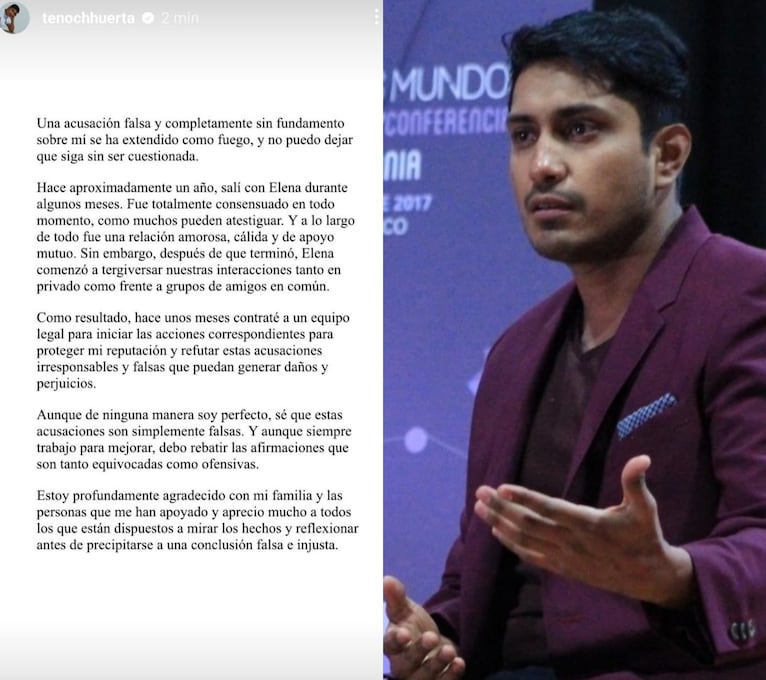 Este es el mensaje de Tenoch Huerta en Instagram, defendiéndose de las acusaciones de depredador sexual. (Foto: Instagram)