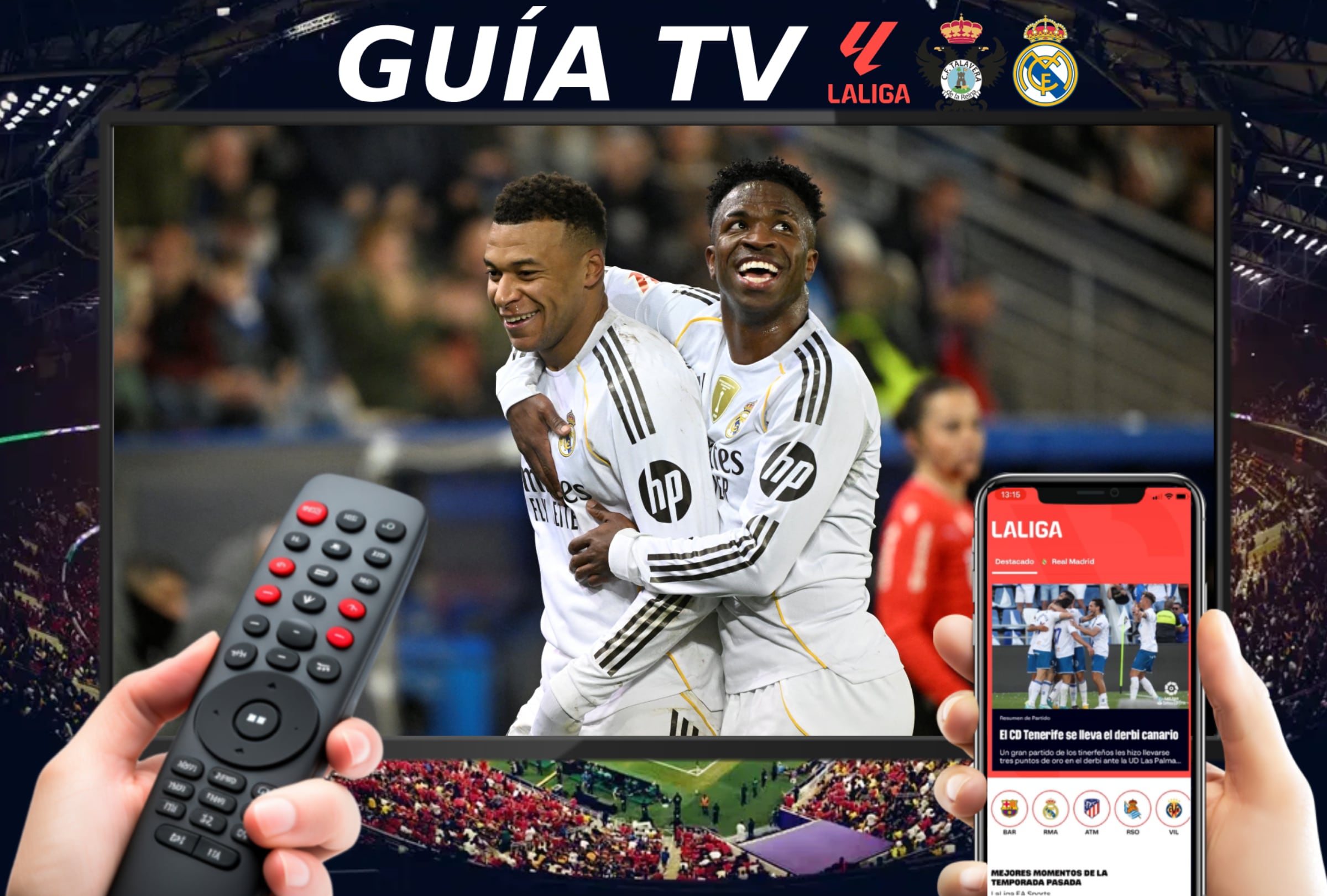 TALAVERA DE LA REINA, TOLEDO (ESPAÑA), 17/12/2025.- Lista de canales TV y plataformas online para seguir el partido entre CF Talavera y Real Madrid este miércoles 17 de diciembre por los dieciseisavos de final de la Copa del Rey 2025 desde el Estadio Municipal El Prado. IMAGEN CREADA POR NOÉ YACTAYO CON FOTO DE ANDER GILLENEA (AFP)