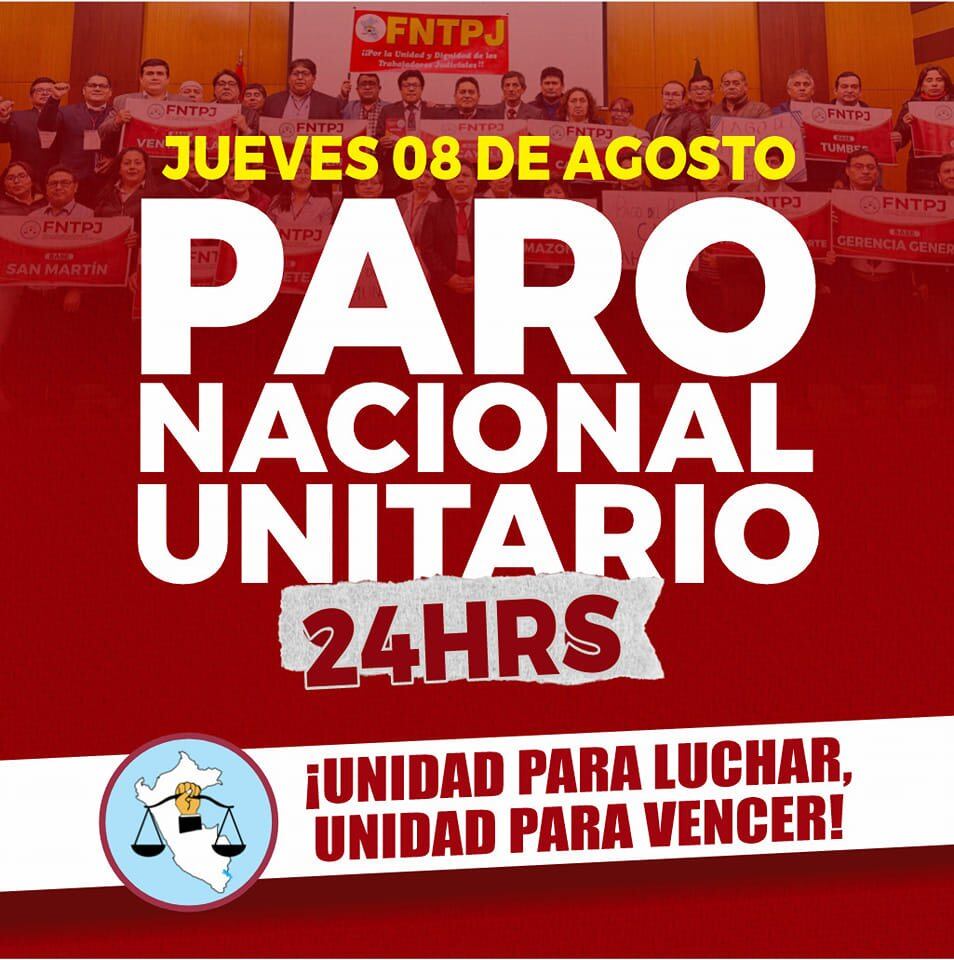 La Federación Nacional de Trabajadores del Poder Judicial del Perú anuncia paro para el 8 de agosto