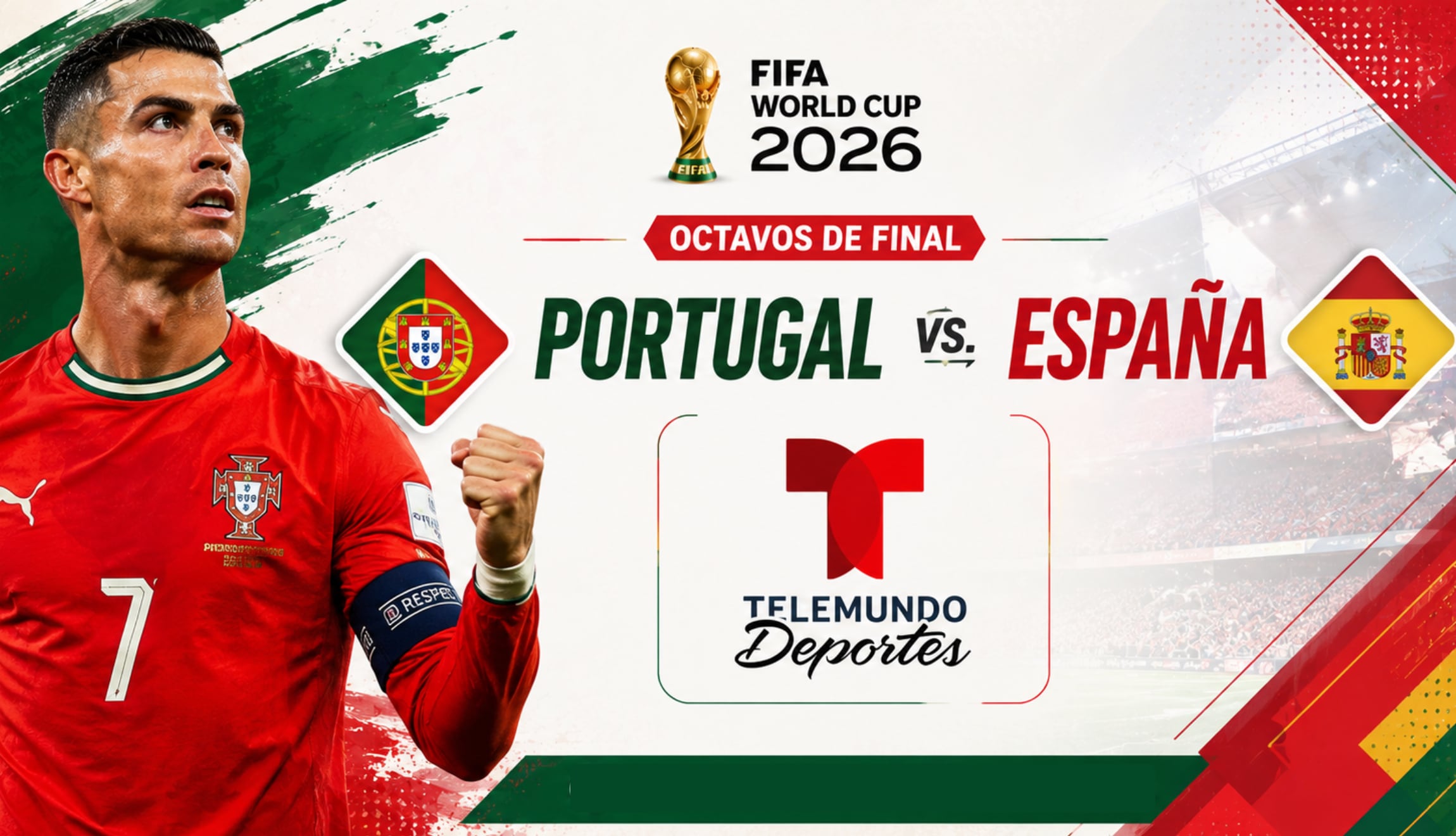 Señal de Telemundo Deportes y Peacock TV en español para ver Portugal vs. España, con Cristiano Ronaldo, este lunes 6 de julio por los octavos de final del Mundial de Fútbol 2026. (Foto: Imagen creada por Depor utilizando la IA de Chat GPT)