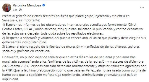 Pronunciamiento de Verónika Mendoza tras elecciones en Venezuela