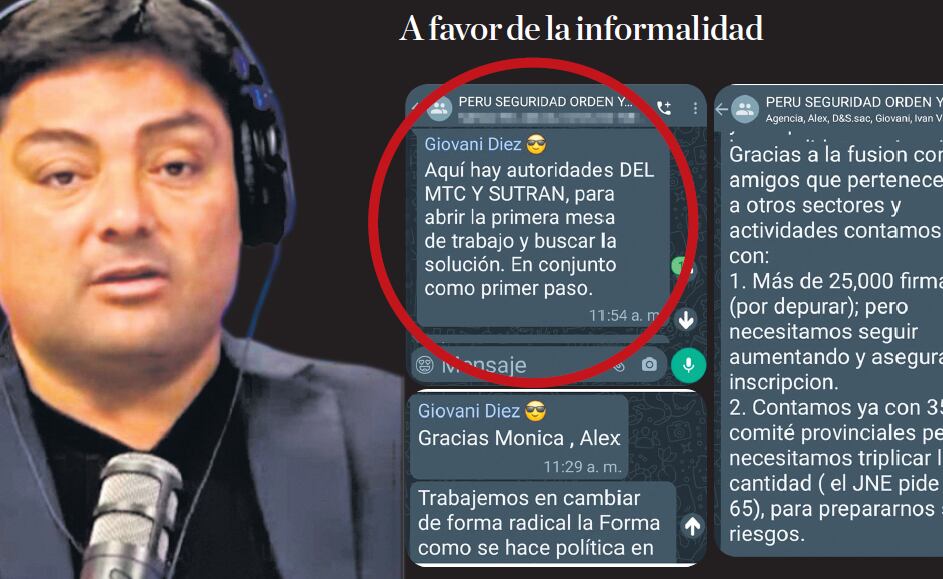 En el chat de coordinación, se jacta de que cuenta con la ayuda de funcionarios del sector transportes.