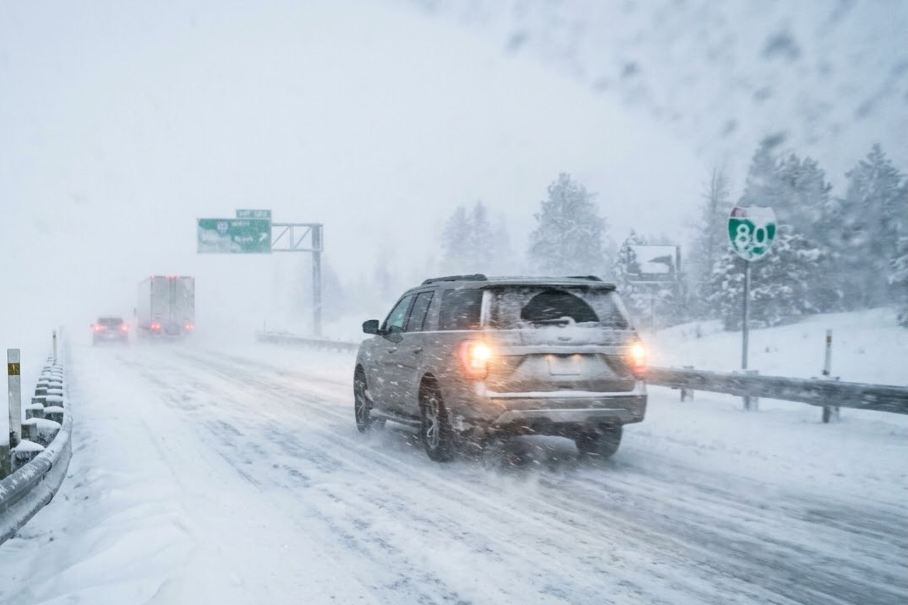 La mezcla de nieve y ráfagas de viento reducen considerablemente la visibilidad al momento de conducir. (Crédito: Imagen referencial creada por El Comercio MAG usando la IA de Gemini)