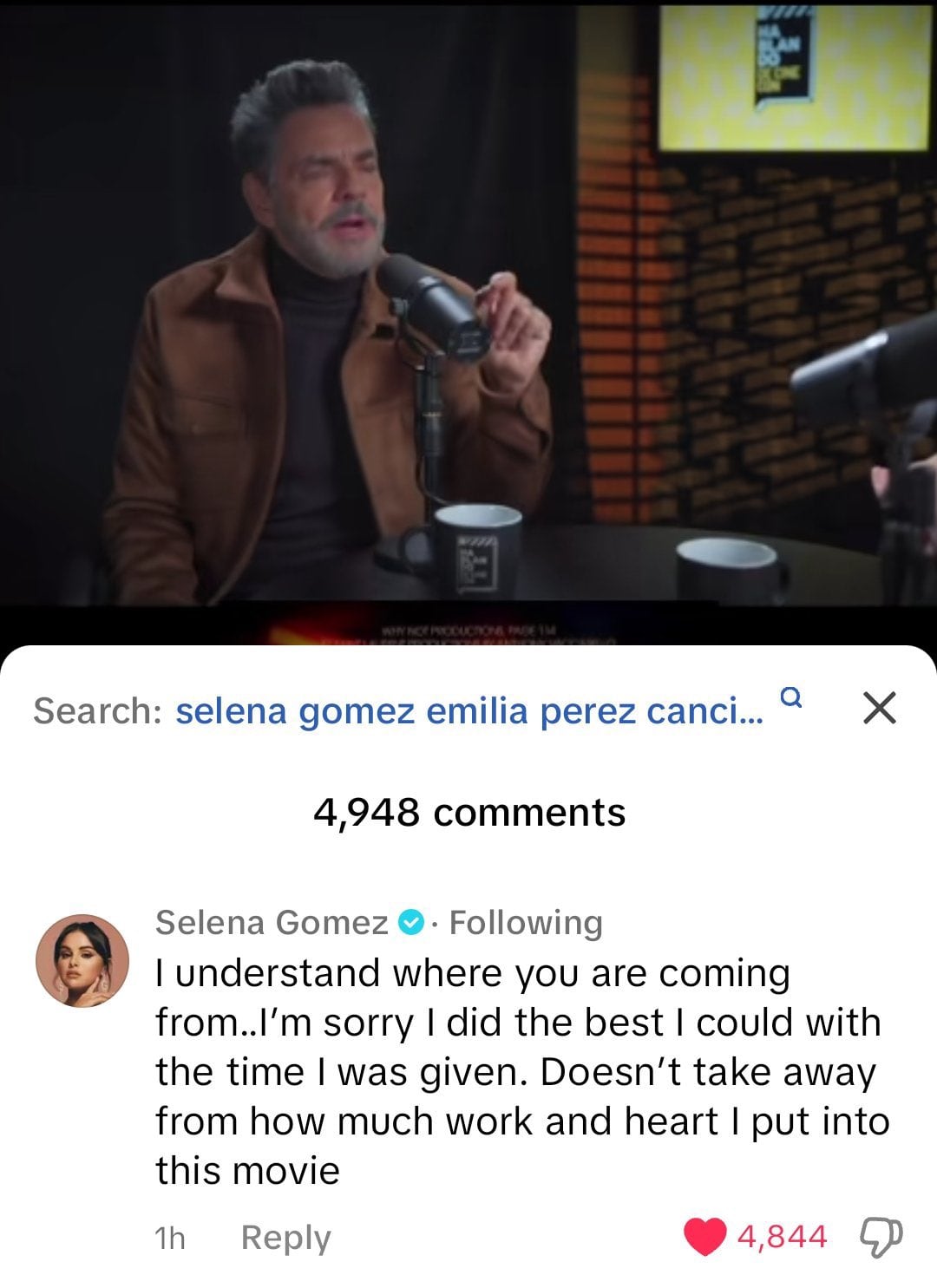 El comentario de Selena Gomez en el video de la crítica de Eugenio Derbez. (Foto: Captura TikTok @elviboreo)