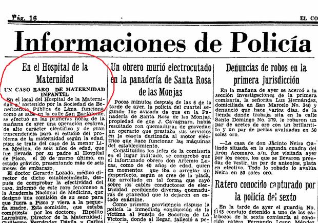 Lima, 15 de mayo de 1939. La noticia del nacimiento del hijo de Lina Medina salió dentro de las informaciones policiales. (Foto: Archivo Histórico de El Comercio)