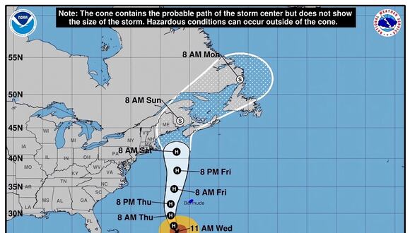 El pronóstico de cinco días del paso del huracán Lee por el océano Atlántico. (Foto de NHC / EFE)
