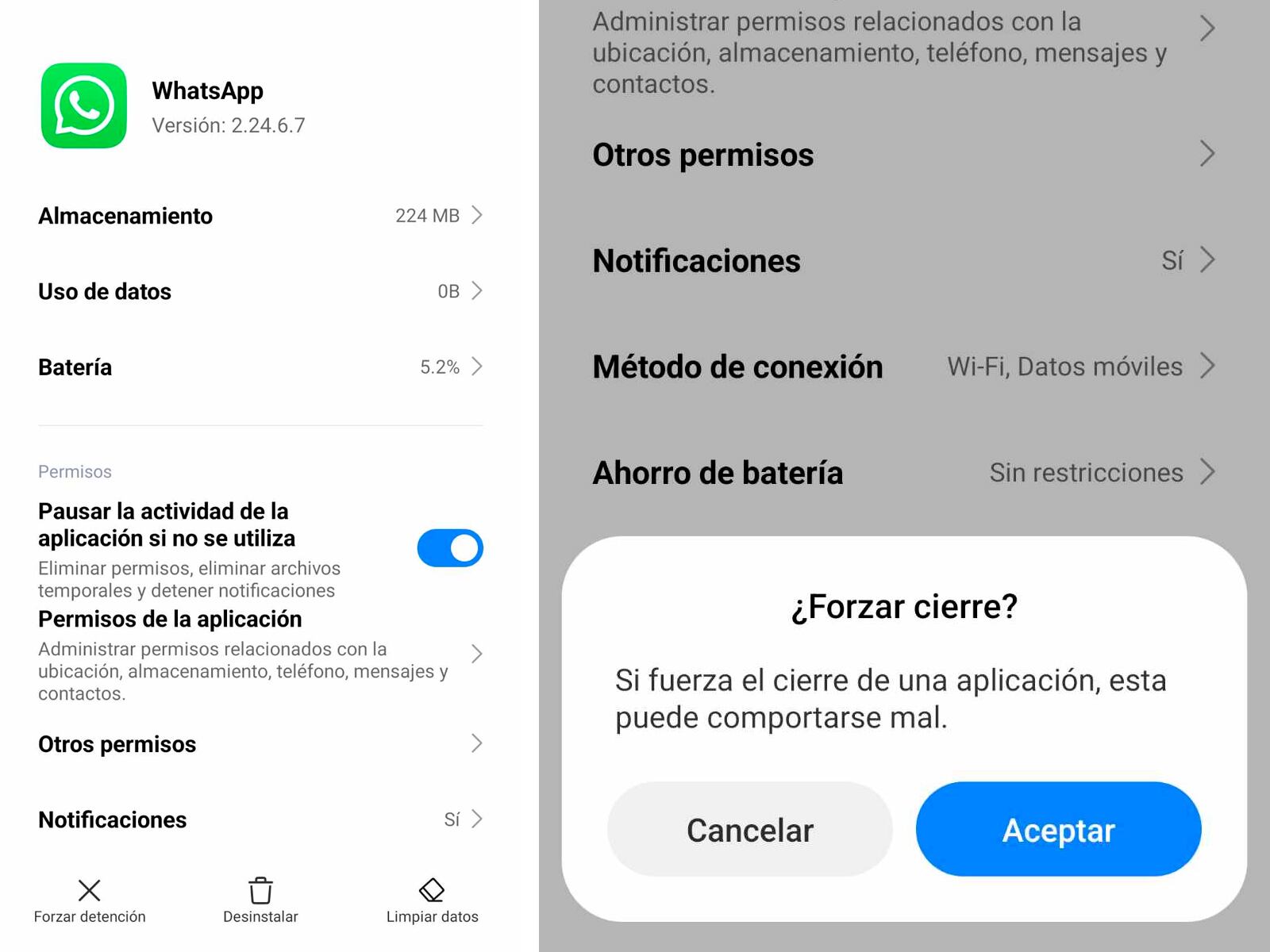 WHATSAPP | Allí deberás pulsar en "Forzar cierre" o "Detener". Y así podrás apagar WhatsApp. (Foto: MAG - Rommel Yupanqui)