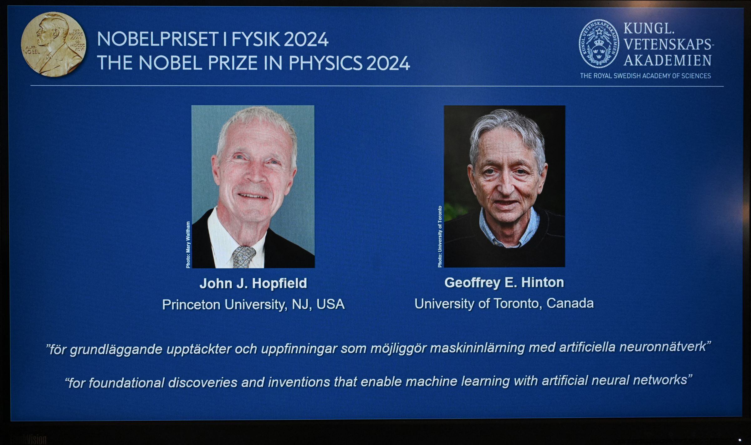 La Real Academia Sueca de Ciencias anunció el 8 de octubre que los científicos John J. Hopfield y Geoffrey E Hinton ganaron el Premio Nobel de Física 2024 (Foto: Jonathan Nackstrand / AFP)