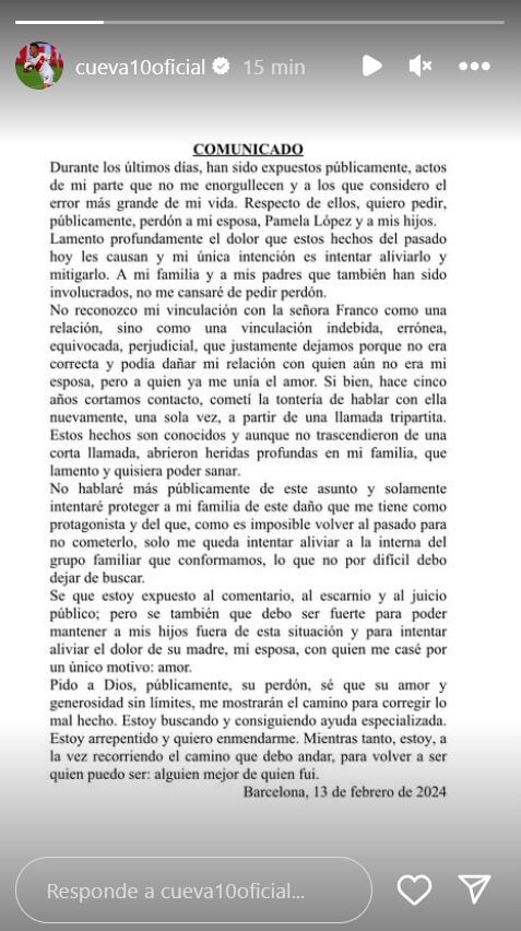 Comunicado de Christian Cueva. (Foto: Captura de Instagram)