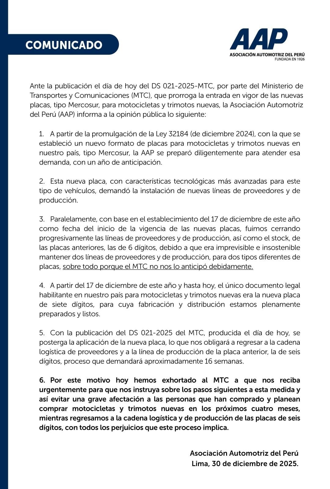 Comunicado emitido por la AAP tras la publicación del Decreto Supremo que anunciaba la prórroga.