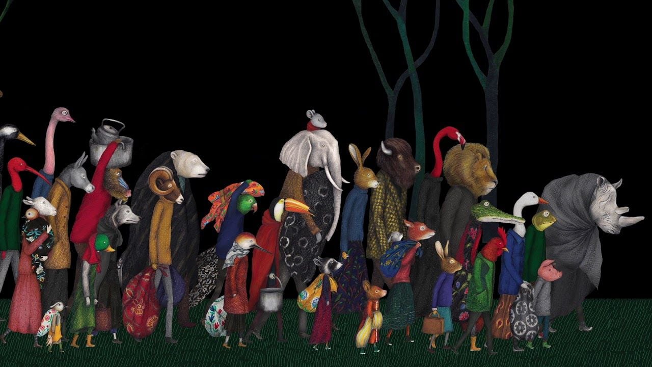 "Migrantes" (2019) libro de Issa Watanabe en el que se muestra a una diversidad de animales para abordar el problema de quienes cruzan fronteras en busca de mejores vidas.