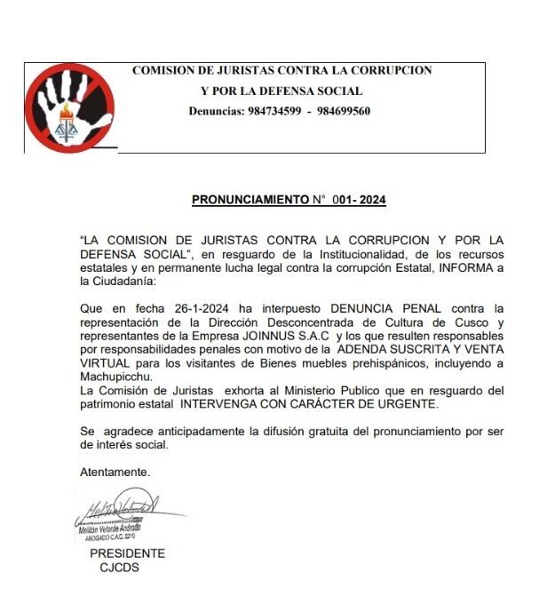 Denuncia interpuesta por la Comisión de Juristas del Cusco. (Foto: Comisión de Juristas del Cusco)