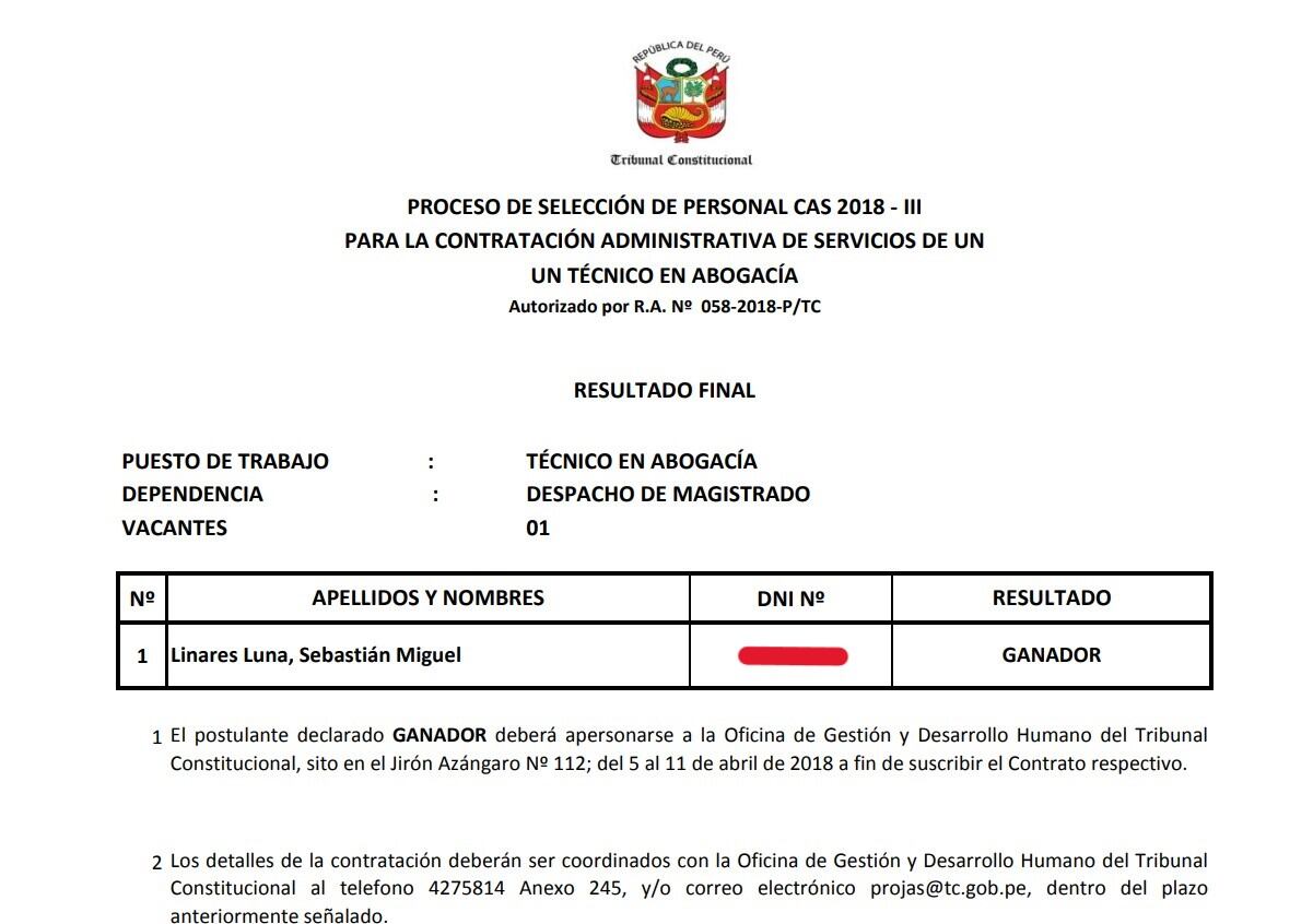 Sebastián Linares trabajó en el Tribunal Constitucional en calidad de 'asesor del despacho de magistrado'. Foto: Captura de pantalla