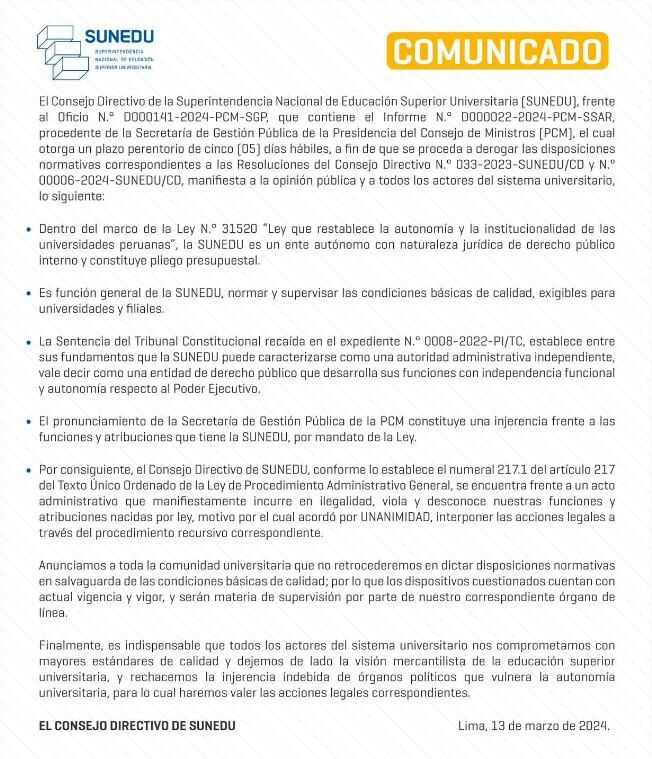 Comunicado de la Sunedu.