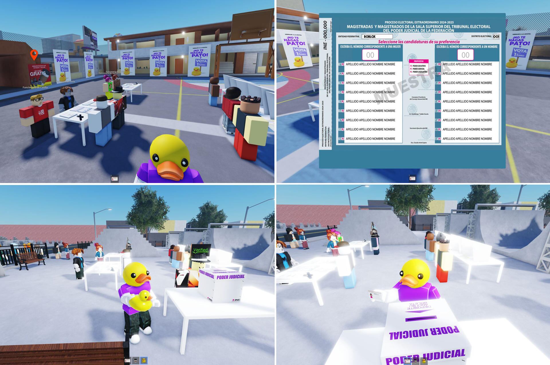 Simulación de un juego de la plataforma Roblox que muestra cómo votar en las elecciones judiciales del próximo domingo, elaborado por el Instituto Nacional Electoral (INE) de México. (EFE/ Instituto Nacional Electoral)