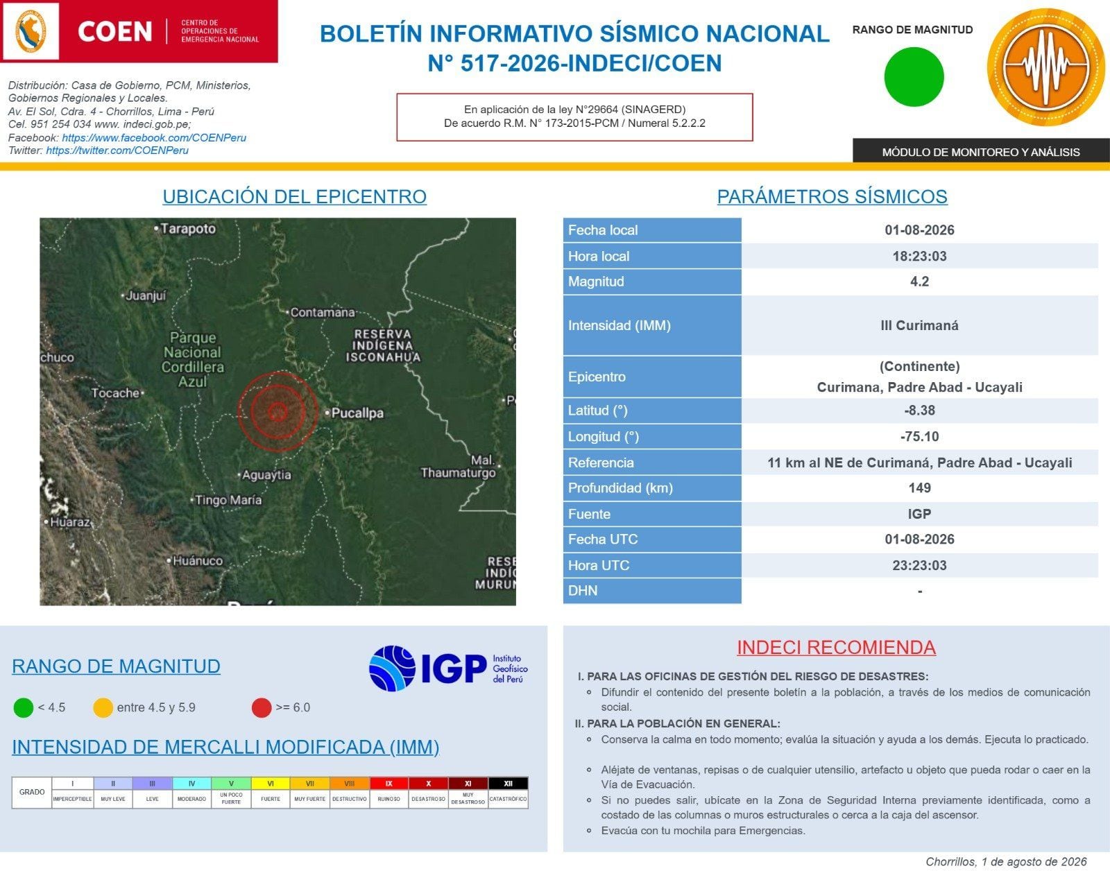 Sismo a 11 km al NE de Curimaná, Padre Abad - Ucayali
