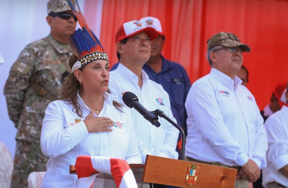 Imagen de la presidenta Dina Boluarte durante el discurso que brindó a todos los habitantes del distrito de Santa Rosa de Loreto | Foto: Presidencia Perú
