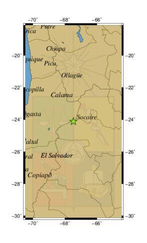 Referencia geográfica del sismo a 73 km al SE de Socaire.