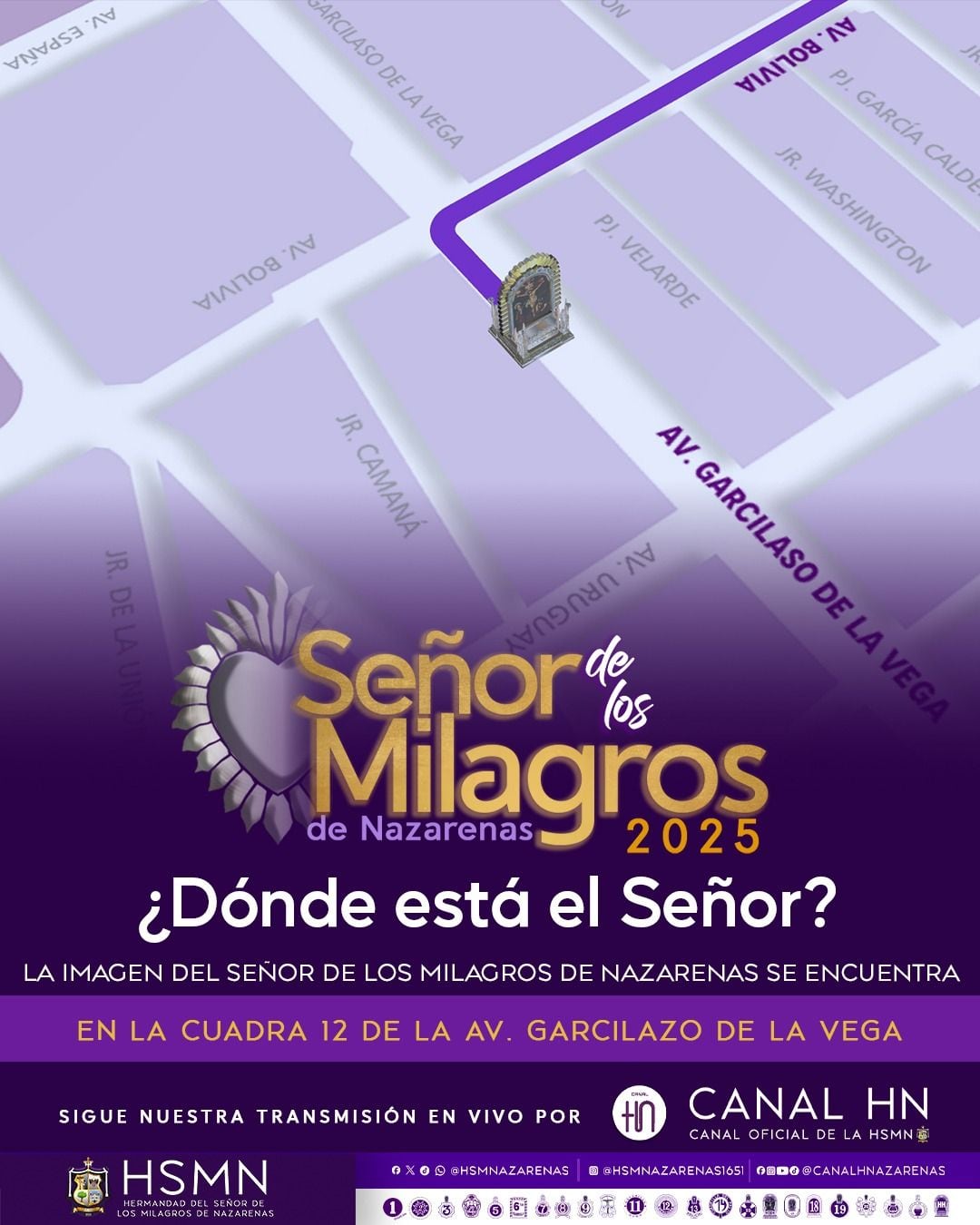 La marcha procesional del Señor de Los Milagros se encuentra en la cuadra 12 de la avenida Garcilaso de la Vega (ex Wilson).
