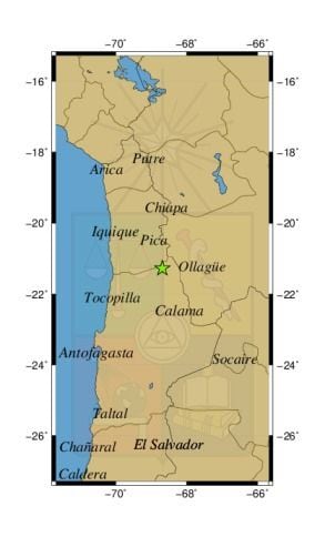 Referencia geográfica del sismo a 45 km al O de Ollagüe.