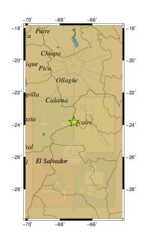 Referencia geográfica del sismo a 82 km al E de Socaire.