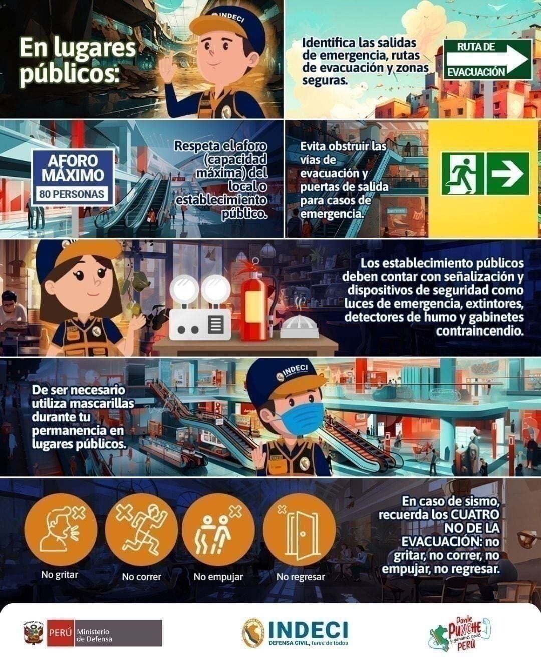 Identifica rutas de evacuación, respeta el aforo, evita bloquear salidas y reconoce los dispositivos de seguridad.