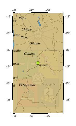 Referencia geográfica del sismo a 69 km al E de Socaire.